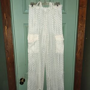 Cream Crochet Beach Low Rise Waist Pants With Sexy Hip Ties